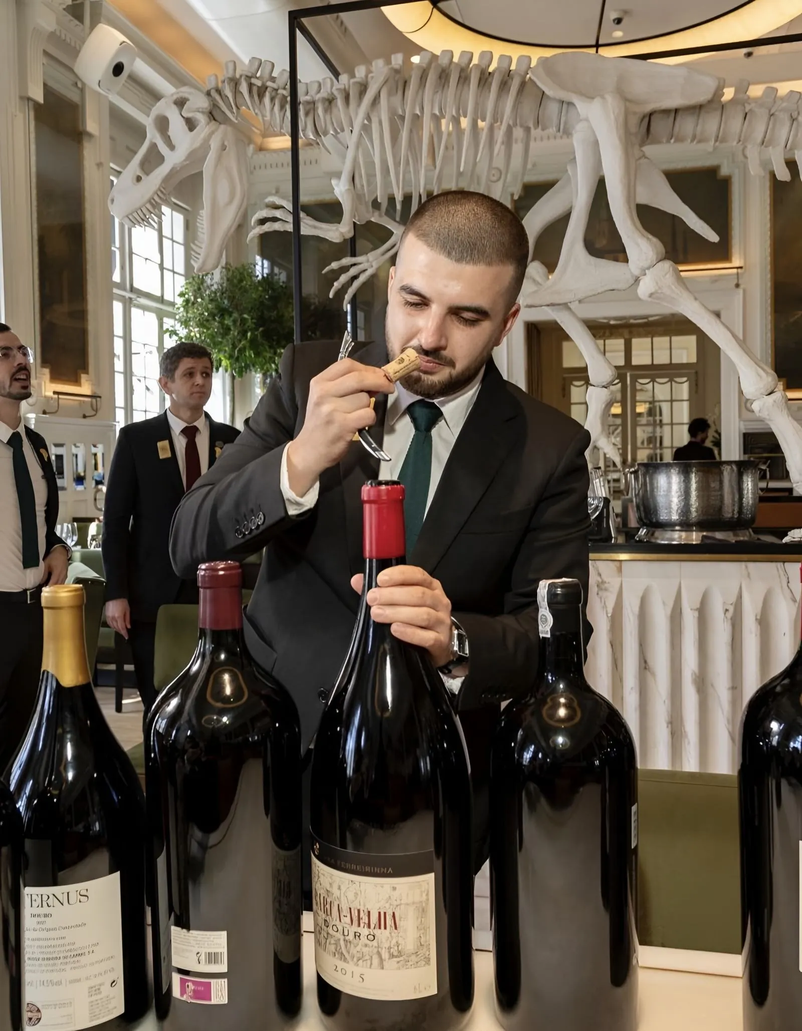 Tiago Franco a avaliar a rolha de uma garrafa de Barca-Velha numa sala de restaurante em Lisboa